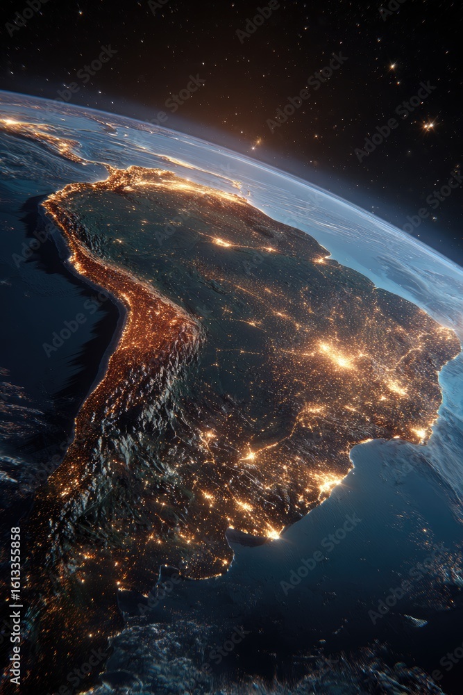 Fototapeta premium Earth's South American continent at night, seen from space. A view of city lights illuminating the landscape