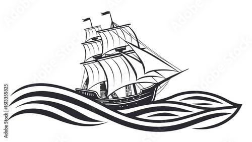 A monochrome illustration of a sailing ship on stylized waves with billowing sails depicted in detail