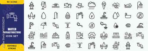 Set of 50 outline icons related to water infrastructure. Linear icon collection. Editable stroke. Vector illustration