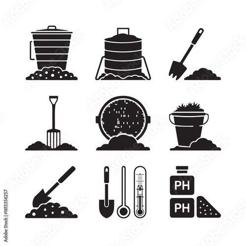 Collection of gardening and composting equipment silhouettes including compost bins shovels soil and ph testing supplies isolated on white background silhouette