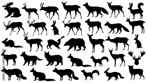 Silhouette collection featuring various woodland animals including deer fox bear and rabbits in black