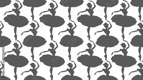 Seamless pattern of ballerina silhouettes in various poses against a white background creating repetition
