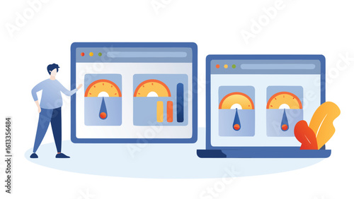 Man standing next to two screens displaying performance metrics and data with orange and blue colorscheme