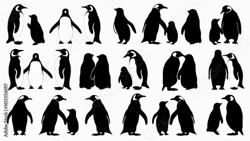 Silhouette depiction of various penguin families and individual penguins in different poses on a white background