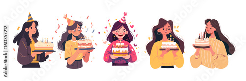 Cartoon woman holding birthday cake with happy celebrating kid. Flat illustration for anniversary parties or bakery designs. Festive people characters receiving treats for greeting cards.