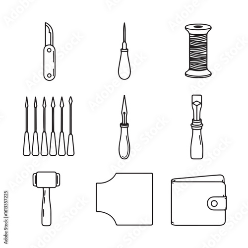 Collection of leatherworking tools and supplies including a wallet and awls presented as a simple silhouette isolated on white background