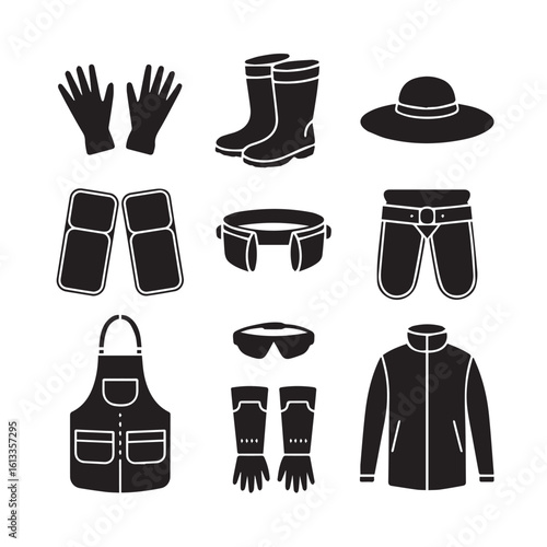 Collection of gardening workwear and protective gear silhouettes including gloves boots hat apron pants and jacket isolated on white background silhouette