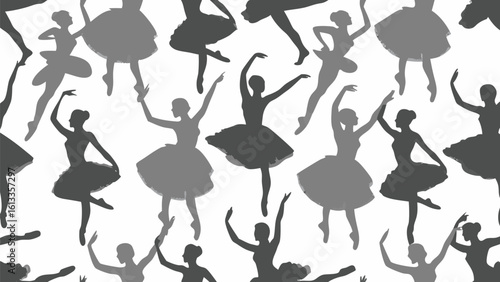 Silhouettes of ballerinas in various poses create a dynamic and rhythmic dance pattern on a white backdrop