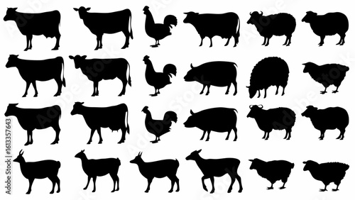 Silhouette farm animals including cows roosters pigs sheep and goats in a repeating pattern design