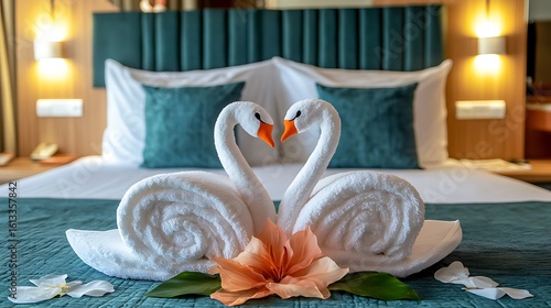 Fototapeta Naklejka Na Ścianę i Meble -  Towels folded into the shape of swans and balloons decorated on a resort bed