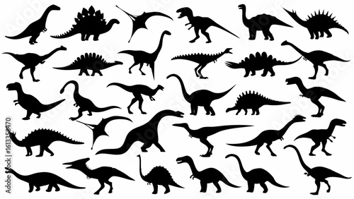 Silhouette collection of various dinosaur species including tyrannosaurus and stegosaurus in a pattern design