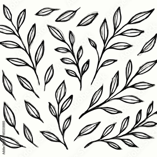 A collection of delicate, hand-drawn black leaf and branch illustrations scattered on a white background.
