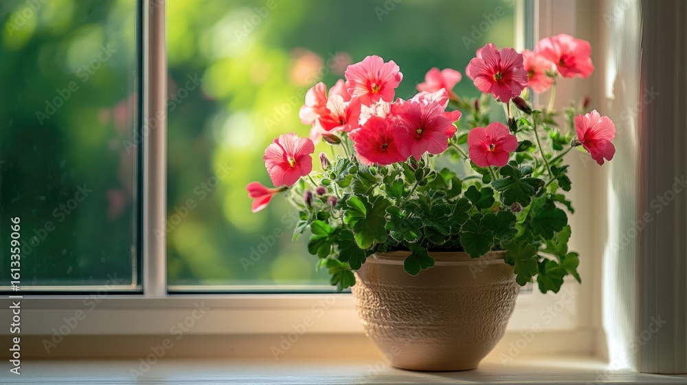 Vibrant Pink Geraniums Bloom in Sunlight on a Windowsill with Soft Bokeh Background Vibrant Pink Geraniums Bloom in Sunlight on a Windowsill with Soft Bokeh Background