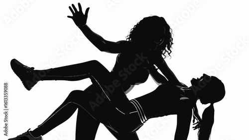 Silhouette of woman in sportswear on top of another woman in a physical confrontation in black and white