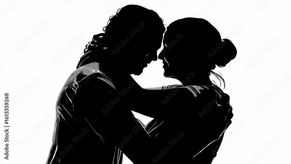 Silhouette of a couple embracing with their faces close together against a bright white background scene Silhouette of a couple embracing with their faces close together against a bright white background scene