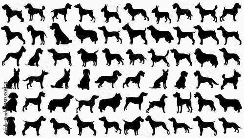 Collection of various dog breed silhouettes in different poses against a white background image vector