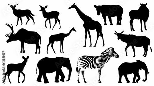 Silhouette illustration featuring a diverse collection of various wild animals in a group setting