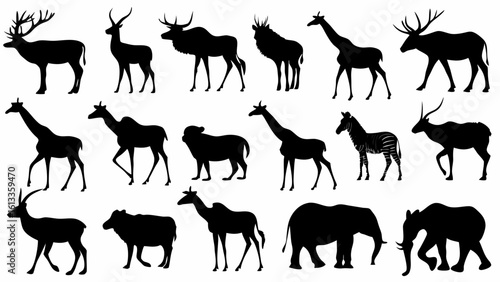Silhouette collection of various african animals including deer giraffe and elephant in black and white