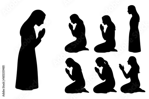 worshipping , praying women silhouette set