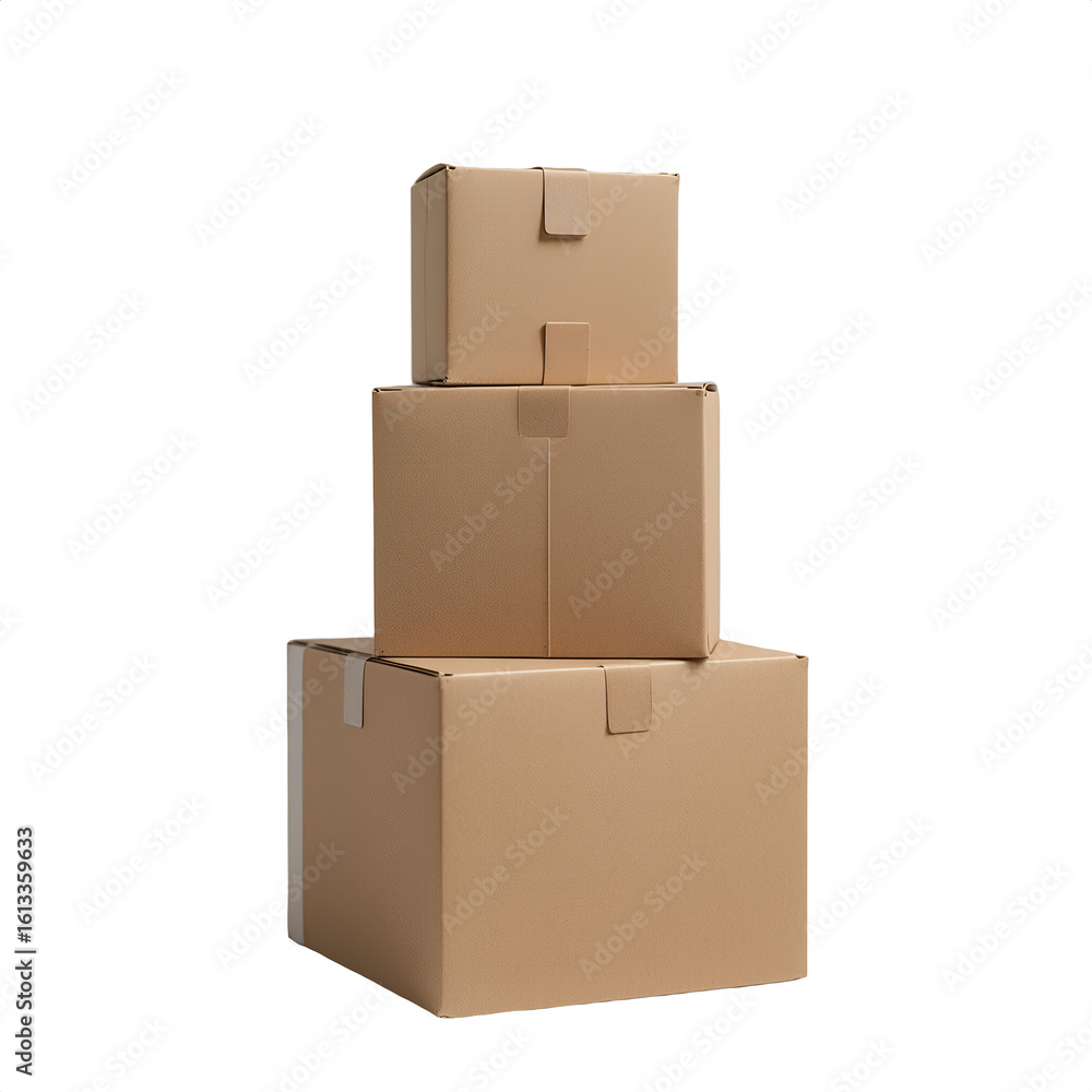 Obraz premium Stack of Three Brown Cardboard Boxes for Delivery, Cargo, and Courier Services on White Background