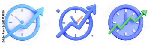 Clock arrow growth time progress business blue 3D icon finance success increase upward chart symbol concept improvement watch abstract modern digital illustration graphic trend productivity