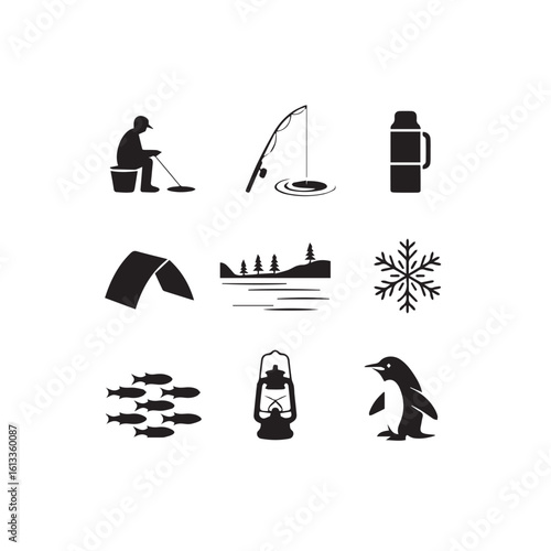 Collection of nine black silhouette icons representing winter outdoor activities and nature elements isolated on white background silhouette