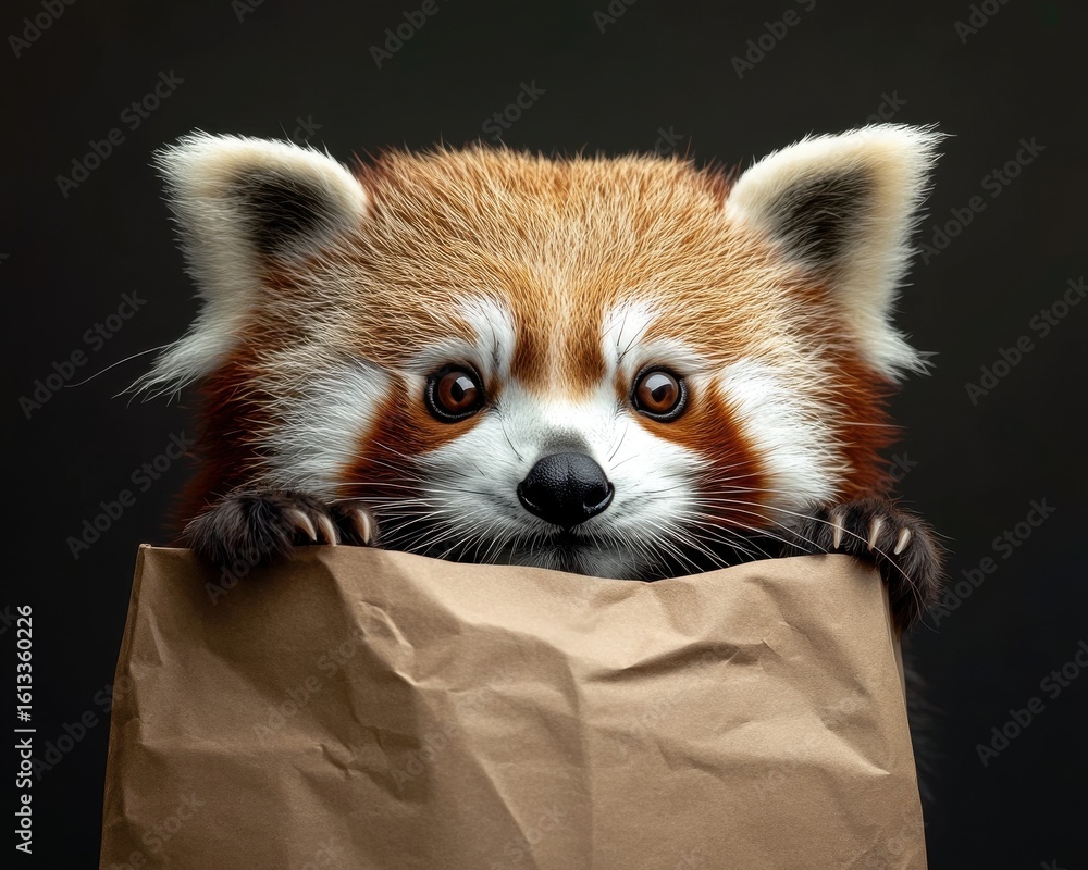 Obraz premium Adorable red panda peeking from a brown paper bag, showcasing its expressive eyes and soft fur.