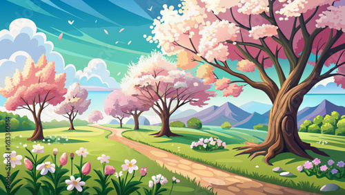 During the season of renewal and blossoms, trees bloom under clear skies, and soft breezes whisper through meadows. Semi-realistic details bring a sense of hope and beauty to the scene.
