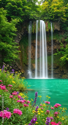 A scenic waterfall cascading into a turquoise pool surrounded by lush greenery and colorful flowers