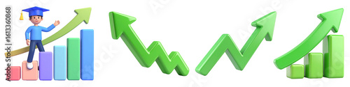 3D illustration of happy graduate standing on colorful bar chart with upward green arrow, symbolizing success, growth, achievement, and positive progress in education or business