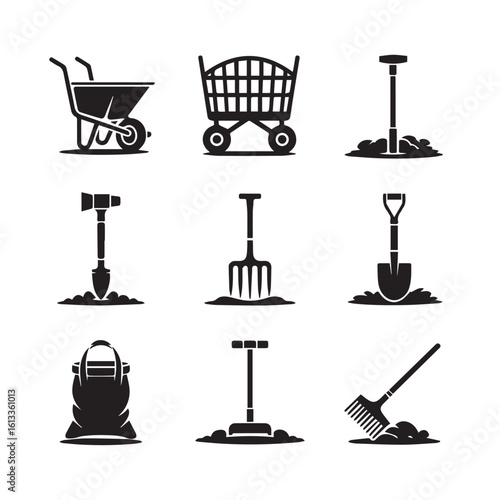 Collection of nine garden tool silhouettes including a wheelbarrow garden cart shovels pitchfork and rake isolated on white background