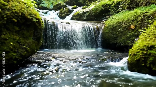 Horizontal video rocky river and mountain waterfall in lush green forest