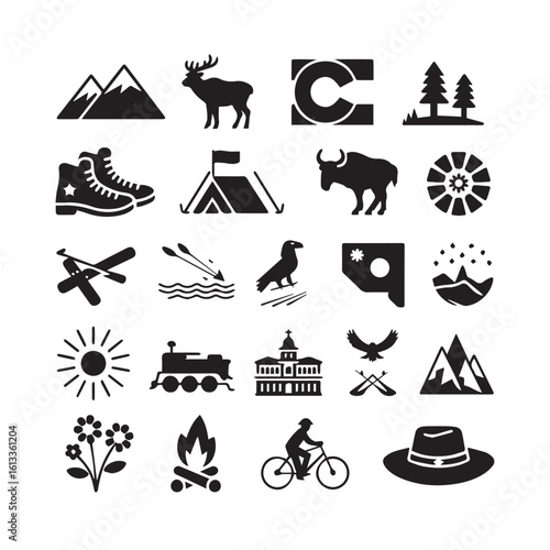 Collection of outdoor adventure and nature icons representing colorado activities and wildlife silhouette isolated on white background