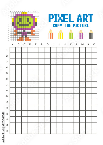 Copy the picture grid drawing worksheet for kids. Pixel art robot