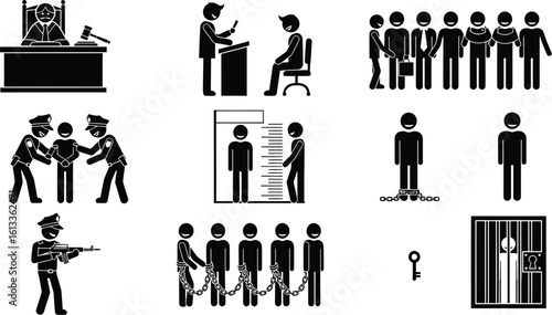 Collection of silhouetted figures representing justice law enforcement and incarceration