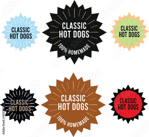 Three starburst badges featuring classic hot dogs and homemade label