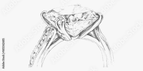 Close up of a diamond ring. Minimal stipple piece, halftone dots, noisy paper texture and strong threshold lines for nostalgic effect.
