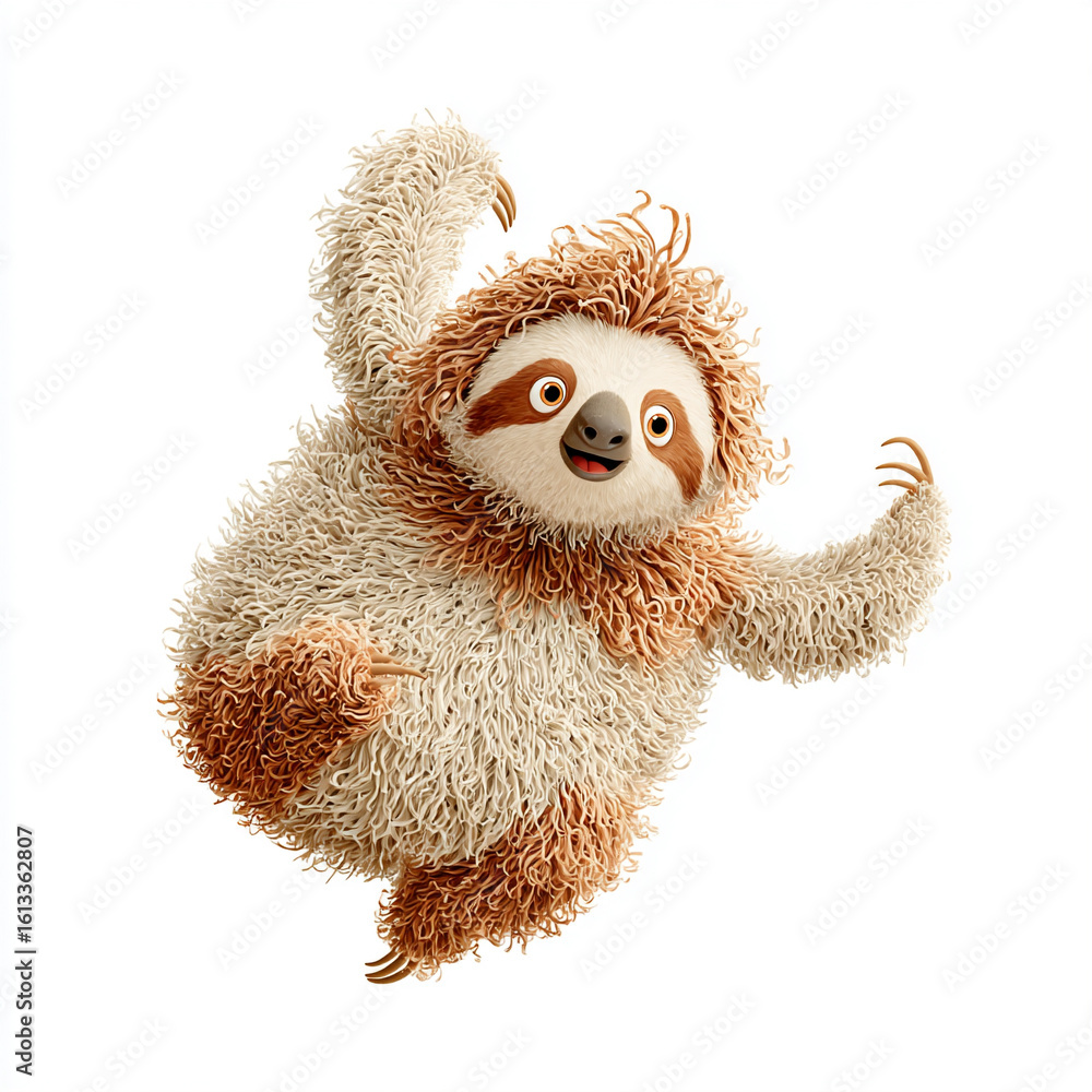 Fototapeta premium Cute animated sloth character with fluffy fur and playful expression in a whimsical design