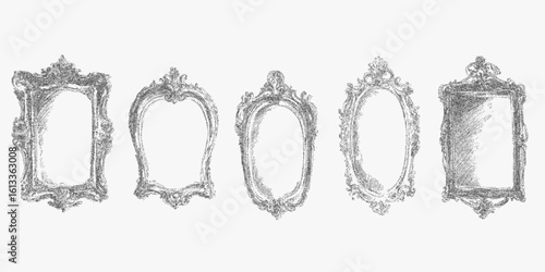 Row of black frames with a white background. Minimal stipple sketch, noisy halftone texture, paper photocopy look and high contrast threshold.