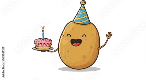 Cartoon potato character with birthday cake