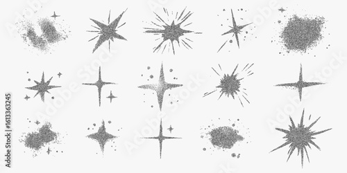 Collection of stars in various sizes and shapes. Stipple sketch with halftone dots, photocopy grain and rough threshold effect for a worn, vintage look.