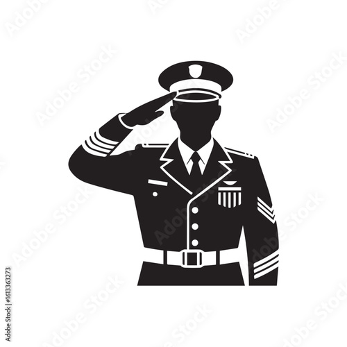 Military officer in uniform saluting respectfully with detailed insignia and stripes silhouette isolated on white background