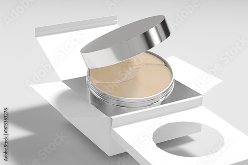 Hydrogel eye mask in cylindrical Container, metallic silver packaging for under eye Patches, luxury anti-wrinkle product in round container, glossy aluminium electroplating screw lid cream jar mockup