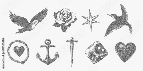 Collection of abstract symbols, heart, star, rose, cross, bird and anchor. Stipple texture drawing with gritty halftone shading, retro photocopy grain and bold threshold outlines.