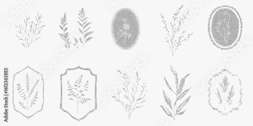 Collection of various leafy designs. Noisy halftone graphic with vintage stipple details, paper scan texture and strong threshold marks.