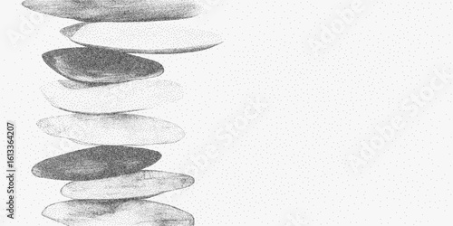 Tower of stones, concept of balance. Stipple line sketch with rough halftone dots, photocopy paper texture, and bold threshold contrast.