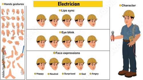 Cartoon vector electrician full model sheet including eyes blink, lip sync, face expressions and hands gestures