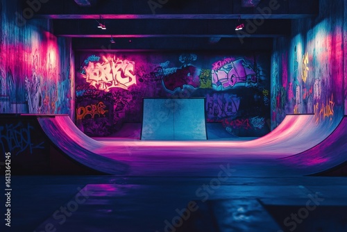 Vibrant indoor skatepark with colorful graffiti and glowing neon lights, creating a dynamic urban atmosphere.
