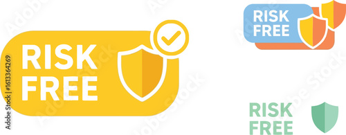 Risk free assurance shield icons with checkmark and guarantee symbols