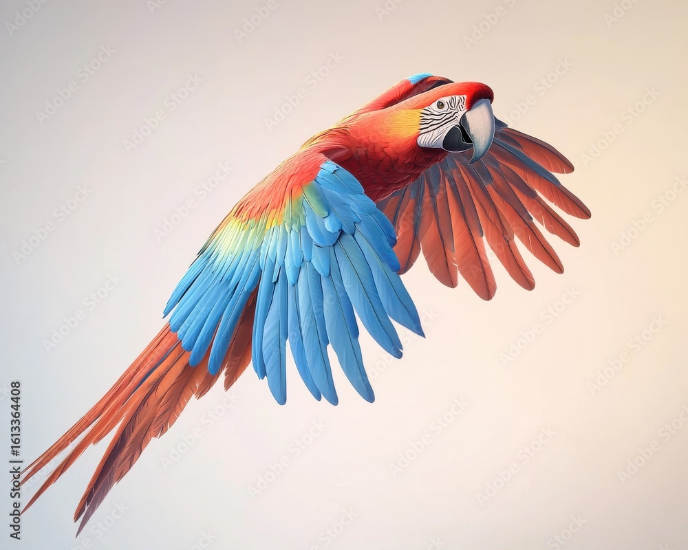 Obraz premium Vibrant macaw in flight, showcasing brilliant red, blue, and green feathers against a soft backdrop.